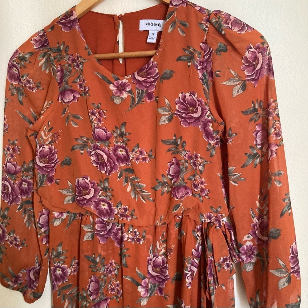 Speechless Floral Chiffon Dress Girls 12 Rust Orange Long Sleeve Lined - Picture 5 of 15